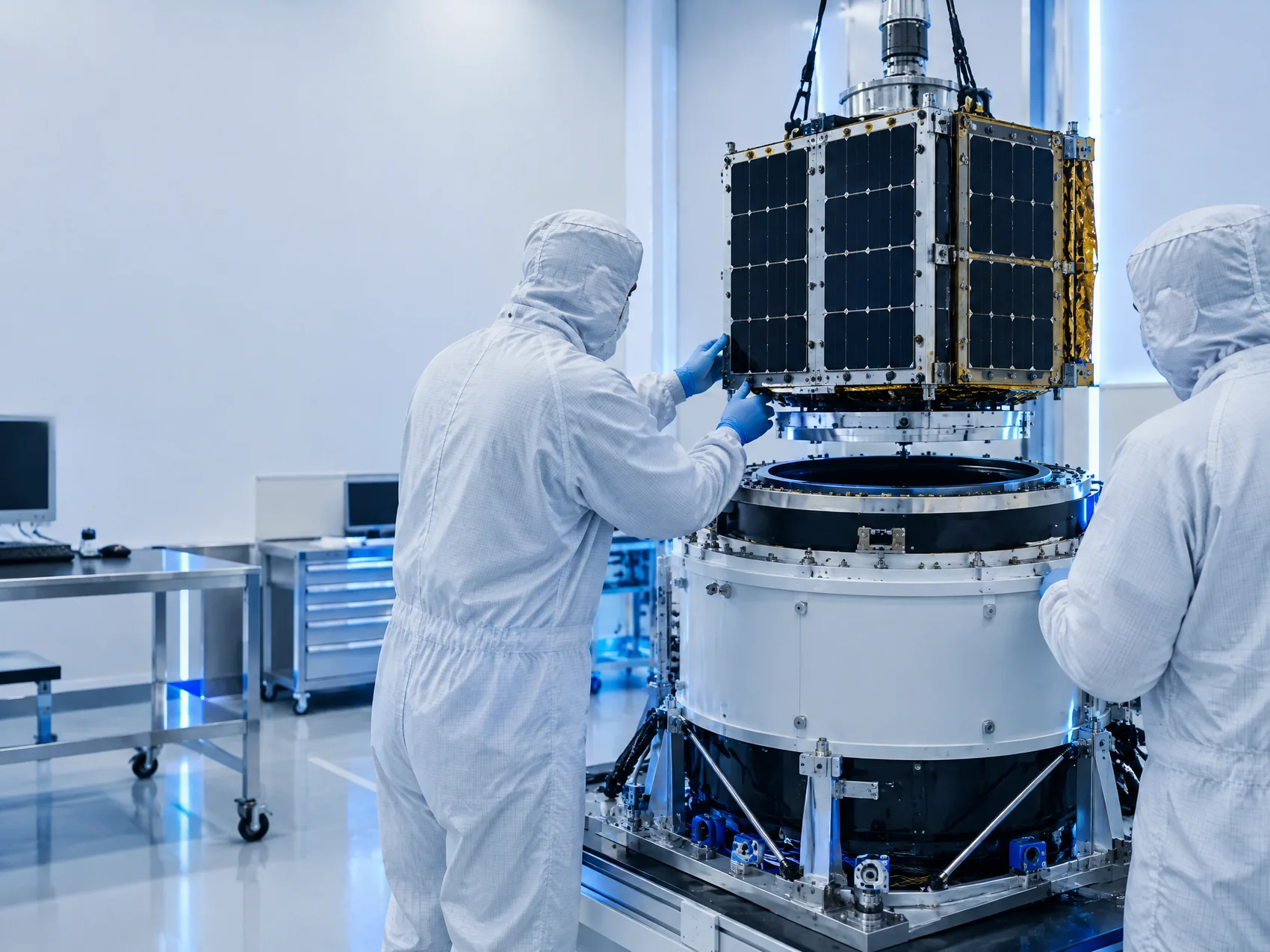 Illustration of satellite payload integration in a cleanroom